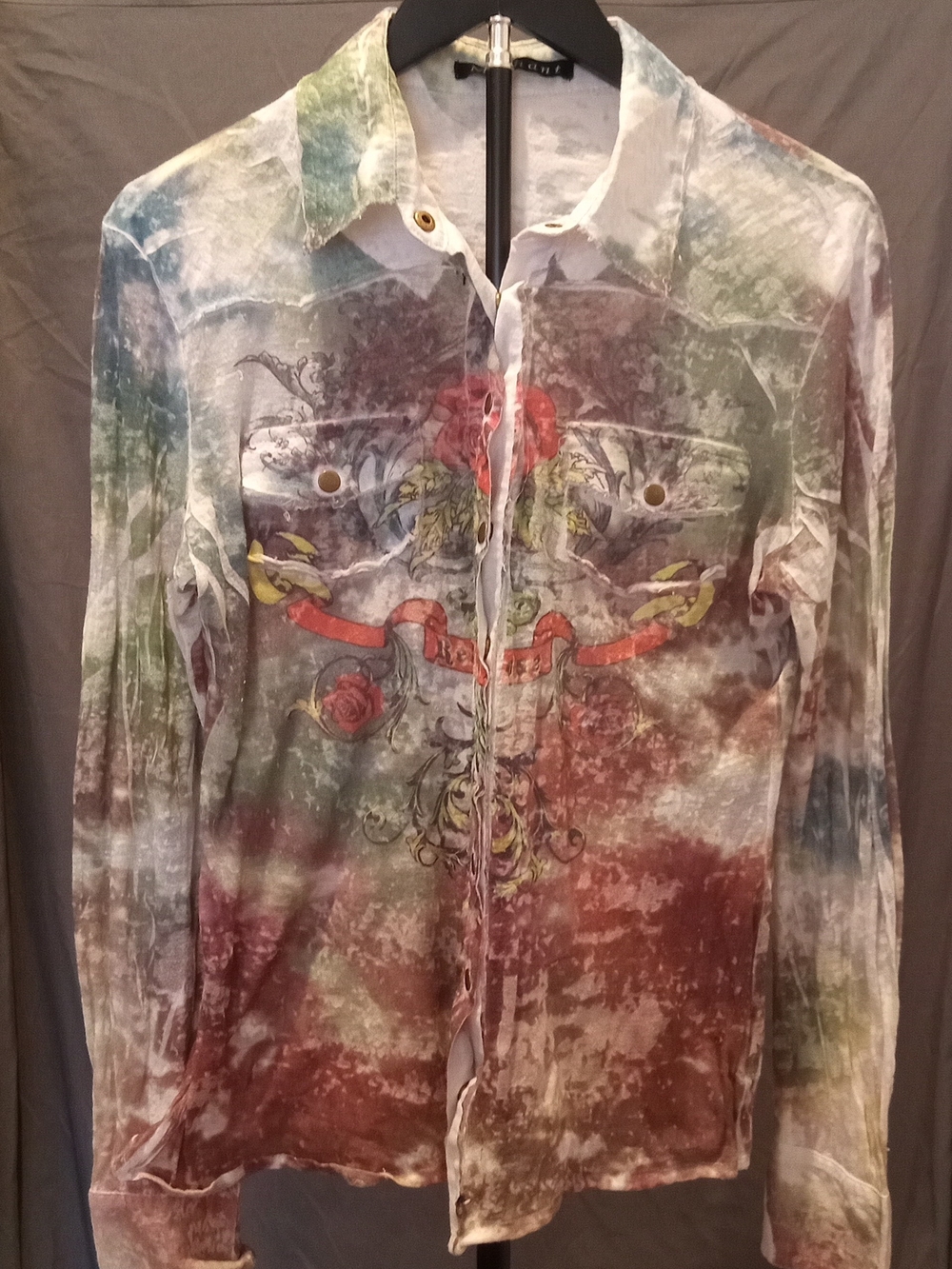 Mechant Crinkled Casual Button Up Rose Print Colorful Top Women's Size L